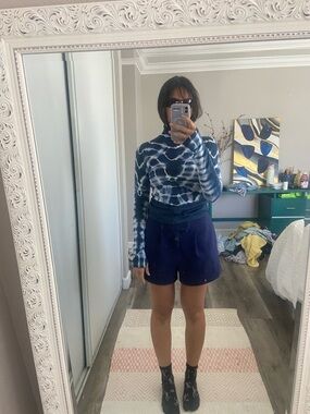 Free People Navy and White Tie-Dye Long Sleeve thumbhole Tee